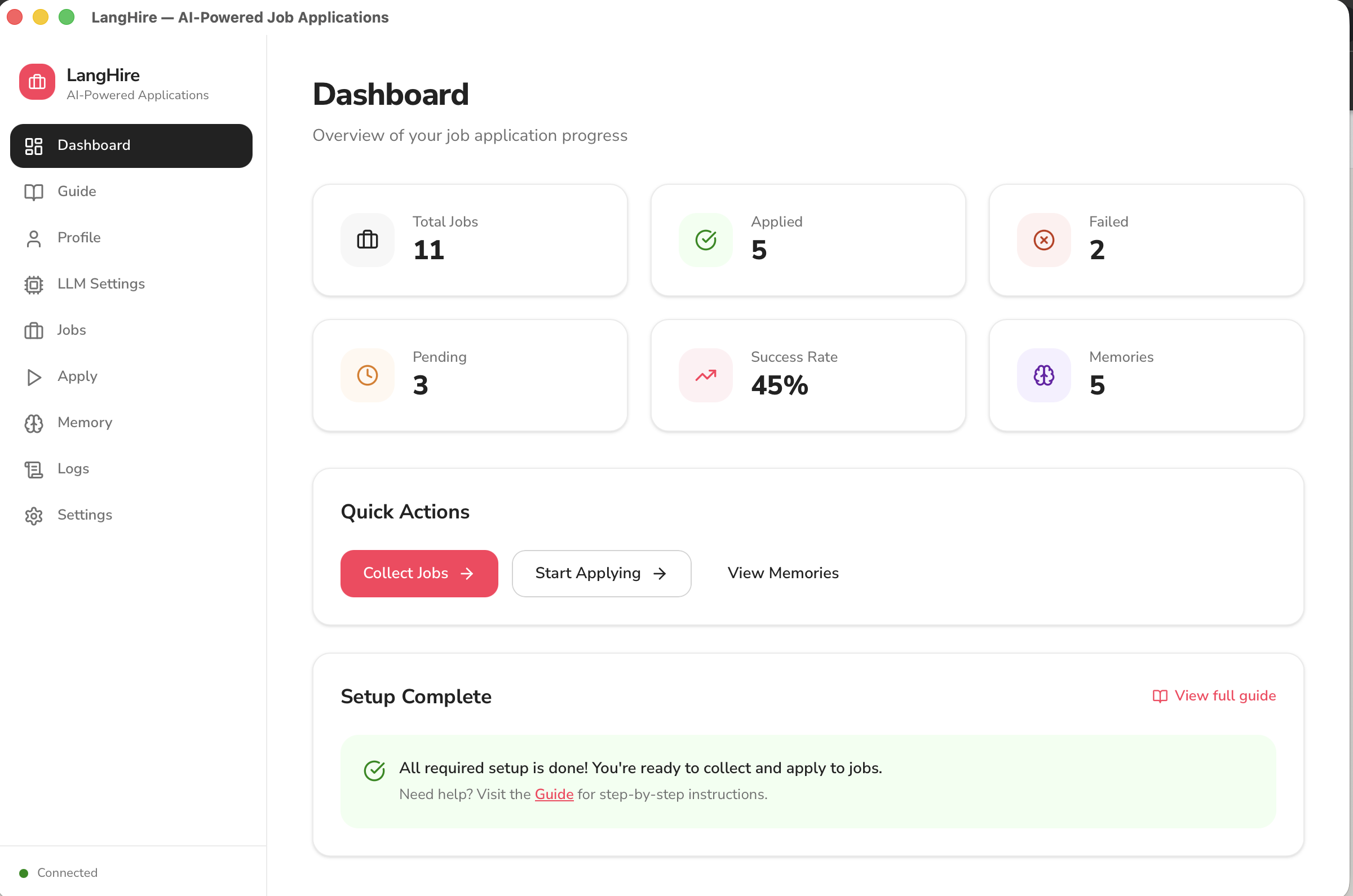LangHire dashboard showing job application progress with stats for total jobs, applied, pending, success rate, and memories