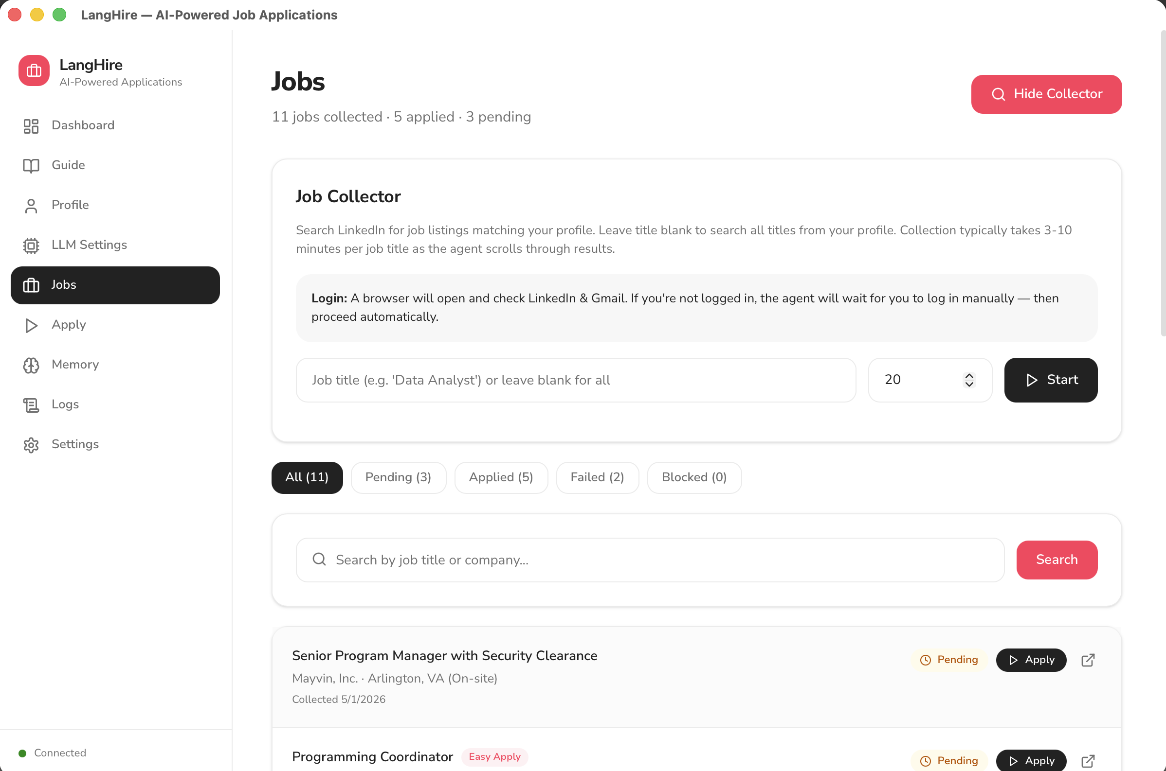 LangHire jobs page with job collector, search filters, and job listings with status badges