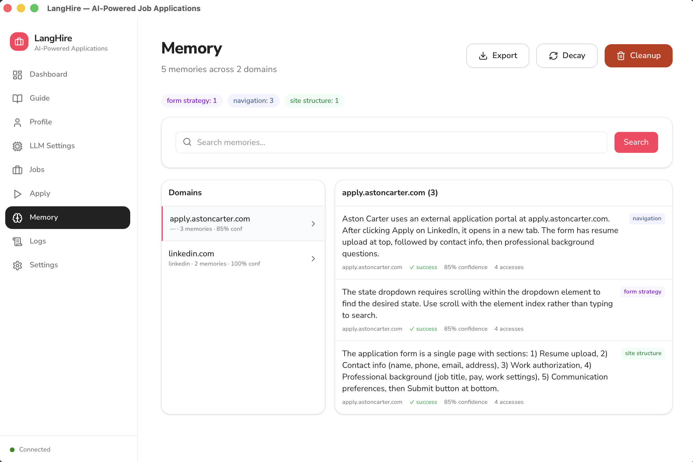 LangHire memory page showing learned ATS knowledge organized by domain with confidence scores